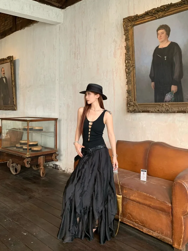 【FANGTING】Black Irregular Skirt Women Summer Elastic Waist A Line Slim Fit Mid Length Skirt