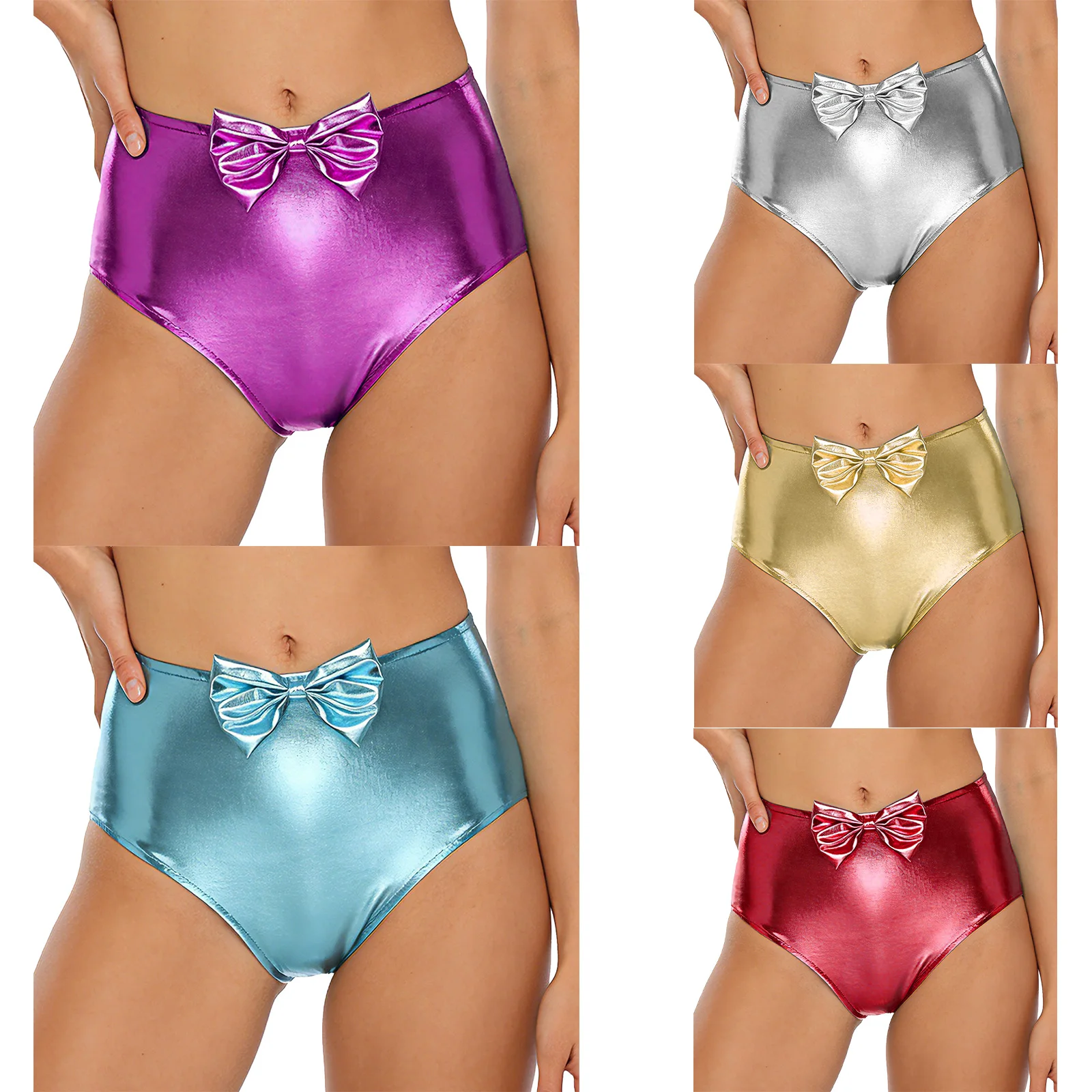 Womens Iridescent Metallic Hot Pants Briefs Glossy Bikini Panties Cute Bow Ruched High Waist Booty Shorts Rave Party Swimwear