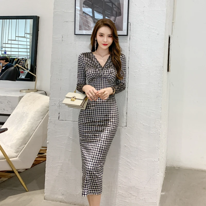 

Grace Elegant Chic Women Dresses Ladies 2022 Long Sleeves V Neck Lattice High-end Velvet Woman Clothes Corset Dress Women's Midi