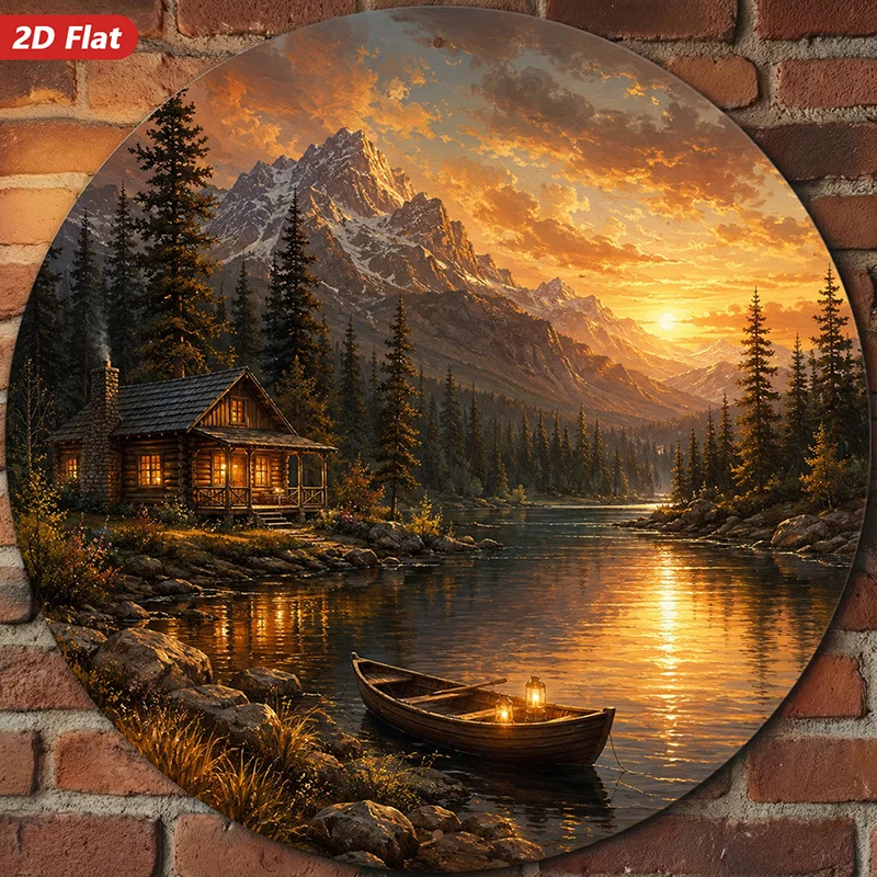 2D Flat, 1pc Round Metal Sign Wall Art, Mountain Landscape, Lakeside Cabin, Canoe Decor, Rustic Style, Home Decor, for Living Ro