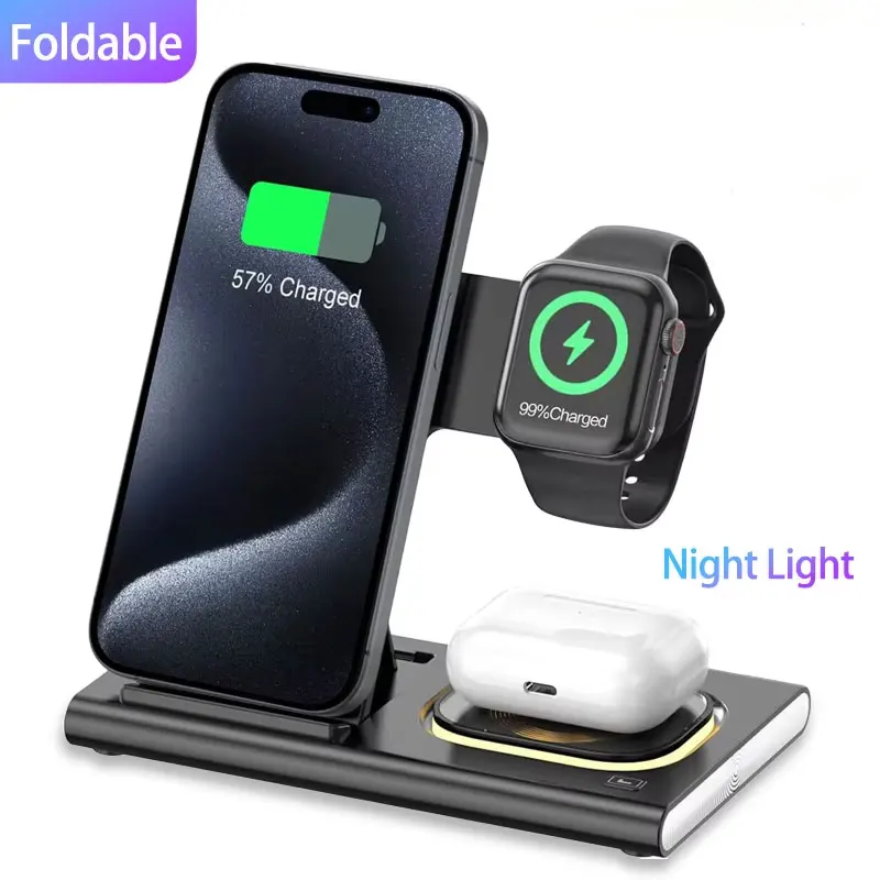 Base de Carga Inalámbrica Plegable 3 en 1, Estación de Carga Rápida de Escritorio para iPhone 17 16 15 14 13, Samsung, Apple Watch, Airpods
