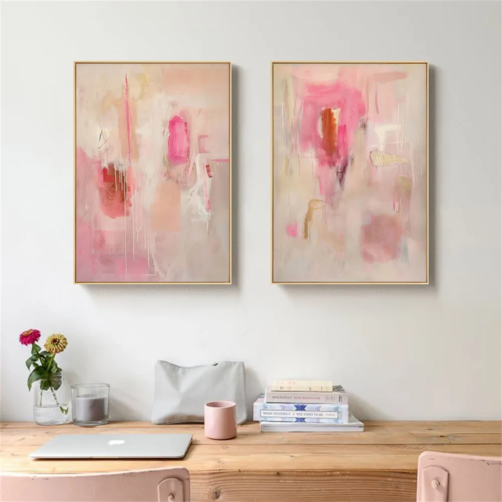 Pink and beige painting set of two neutral abstract acrylic painting prints gift modern minimalist home decor canvas poster