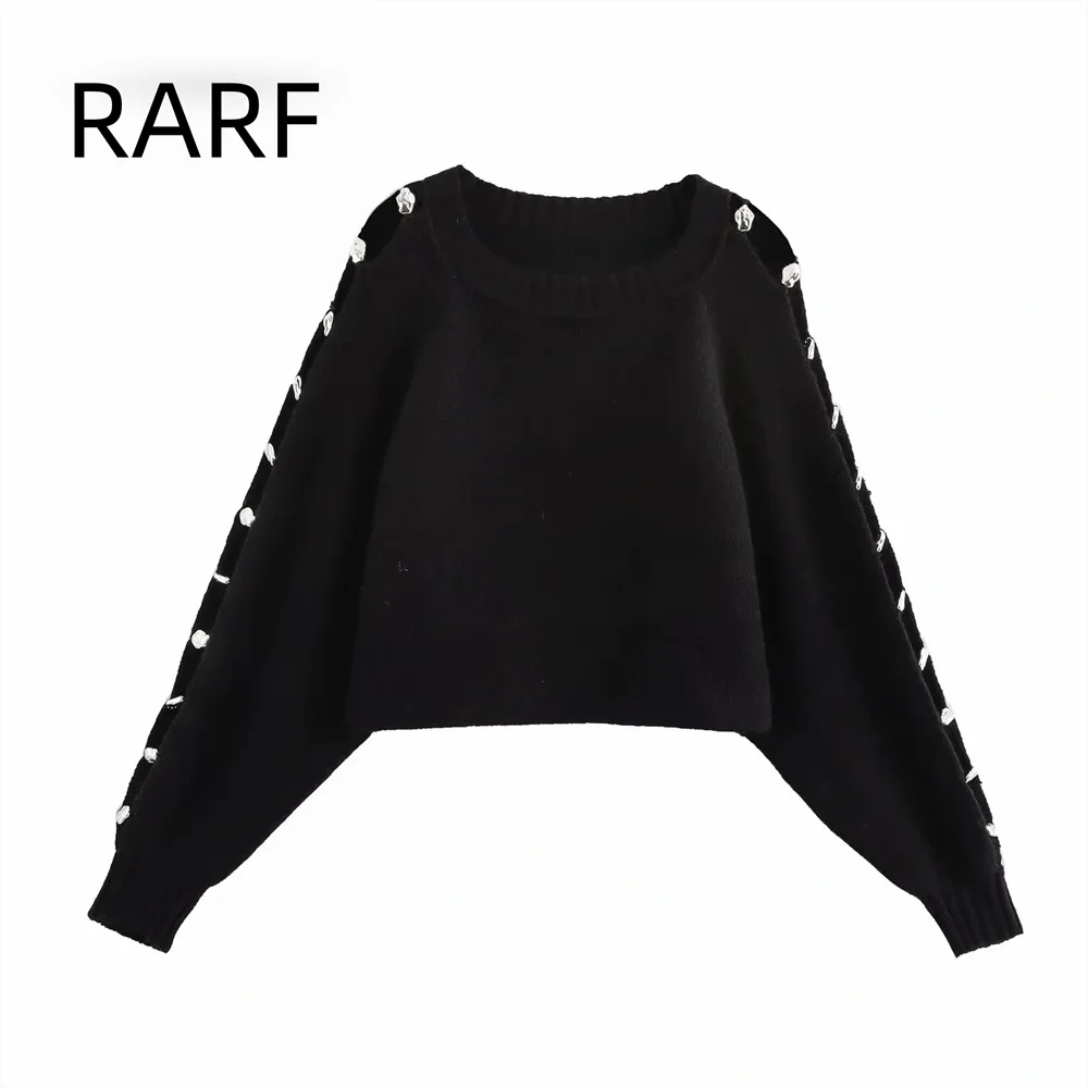 

24 Autumn/Winter New Women's Clothing Ball Decoration Sleeve Round Neck Long Sleeve Sweater Loose Casual Knitted Sweater