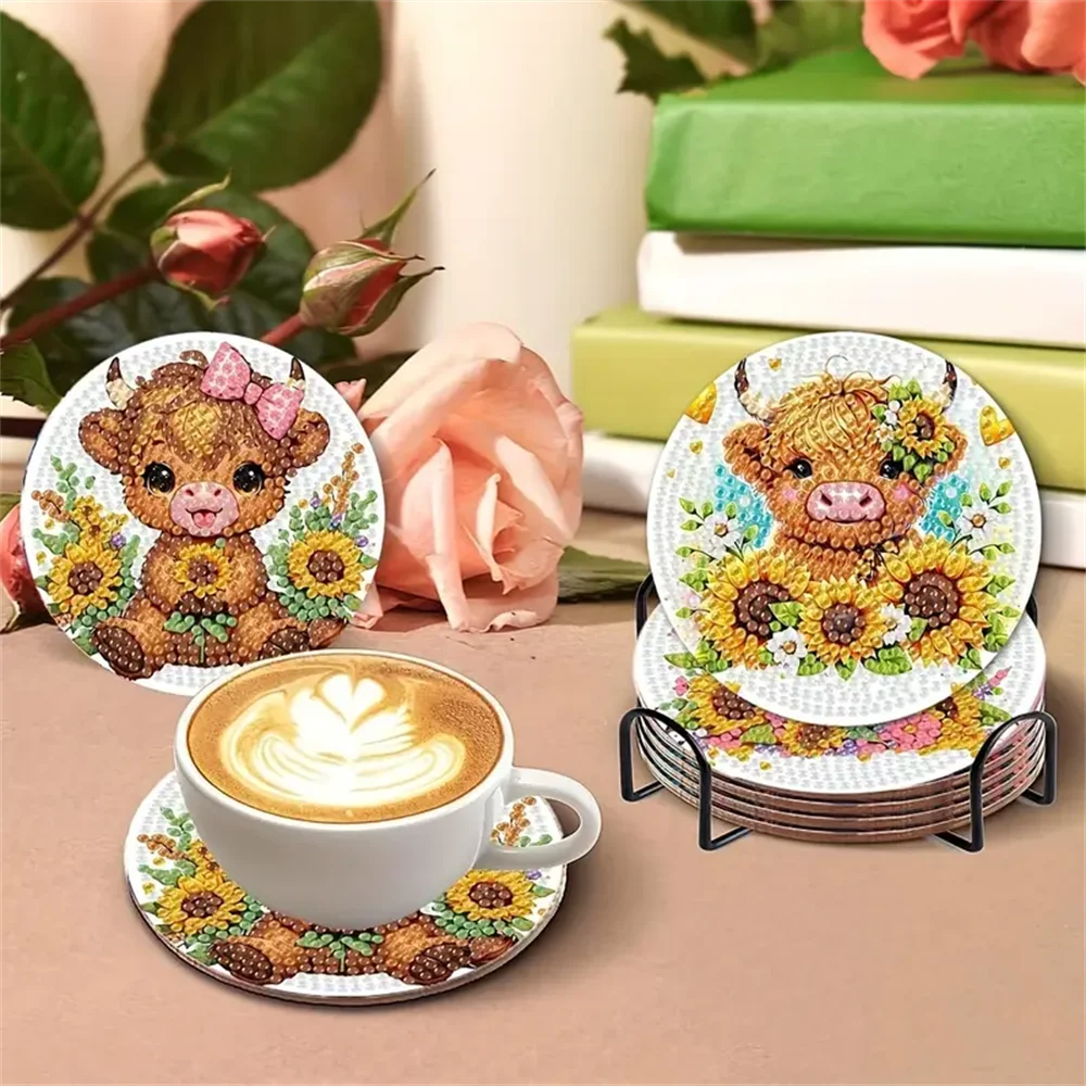 8 Pieces/Set Animal Pattern Diamond Painted Coaster Set Sparkling Rhinestone Heat-Resistant Beverage Mat with Holder DIY Coaster