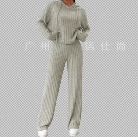 مقنعين السراويل 2 قطعة مجموعة عصرية بأكمام طويلة للنساء الخريف الشتاء بلون فضفاض محبوك البلوز دعوى الإناث #2