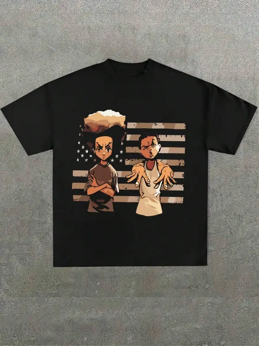 Plus Size Men's, Tshirt The Boondocks Huey & Riley Graphic Tee ,100% Cotton Casual Printed T-Shirt,Crew Neck Short Sleeve