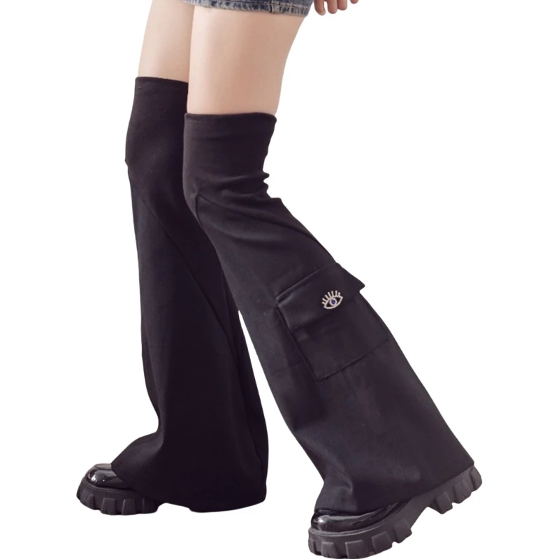 

Punk Ribbed Cuffs Denims Leg Warmers with Rhinestones Pocket Harajuku Leg Cover Flared Over Knee Stockings Streetwear