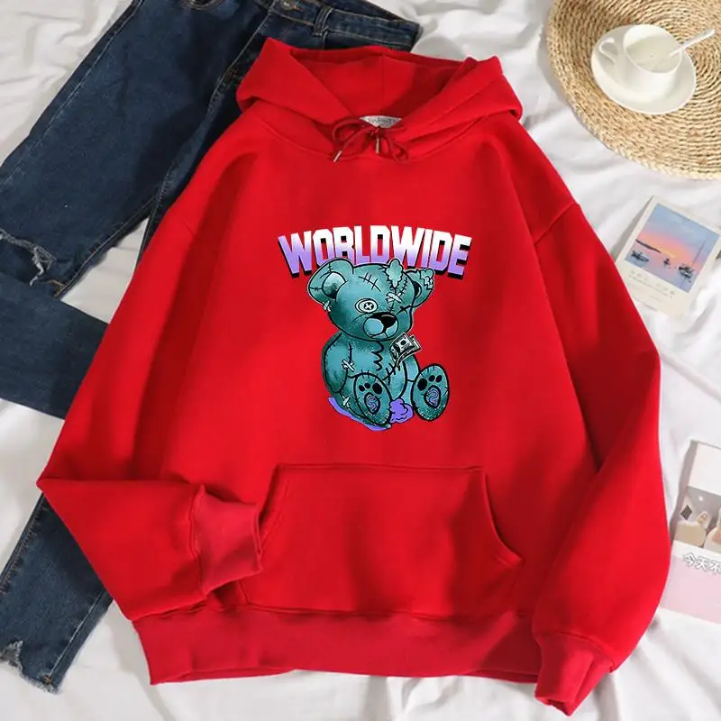 

Fashion Womens Hoodie Cute Little Bear Cartoon Prints Sweatshirt Breathable Loose Pocket Warm Pullover Autumn Winter Streetwear