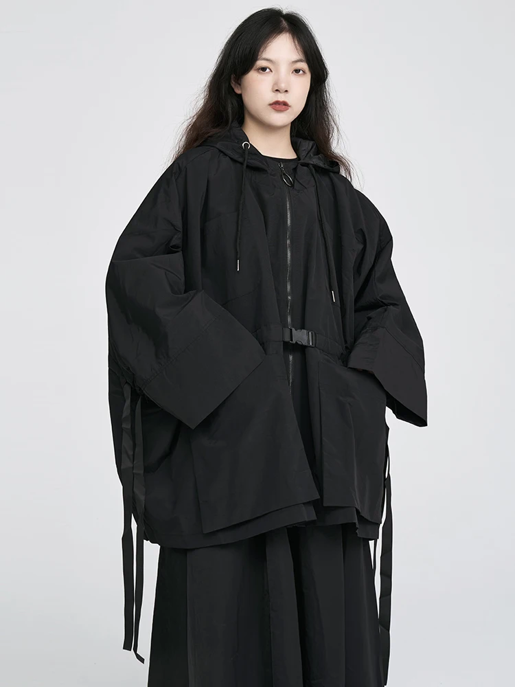 

k Design Sense Cape Sle ort Jaet for Women Bla Versatile Autumn Coat Korean Casual Long Sve Zipper Polyester