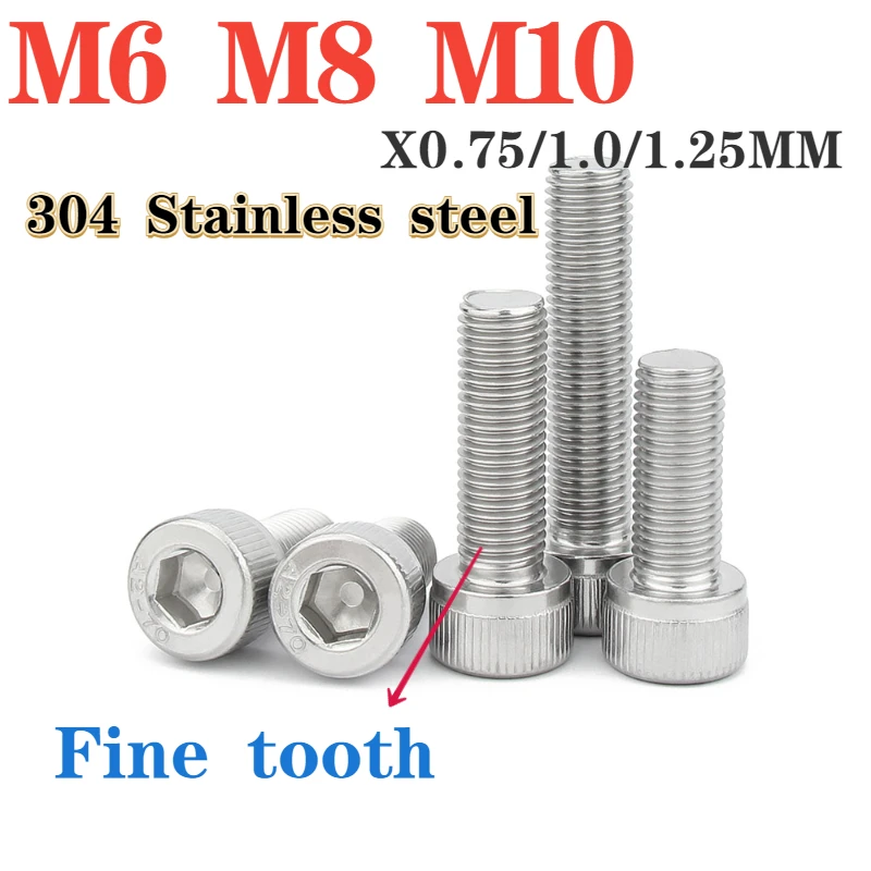 

304 Stainless Steel M6 M8 M10 Fine Tooth Cylindrical Head Hexagonal Bolt Pitch 0.75/1.0/1.25MM Cup Head Fine Tooth Screw