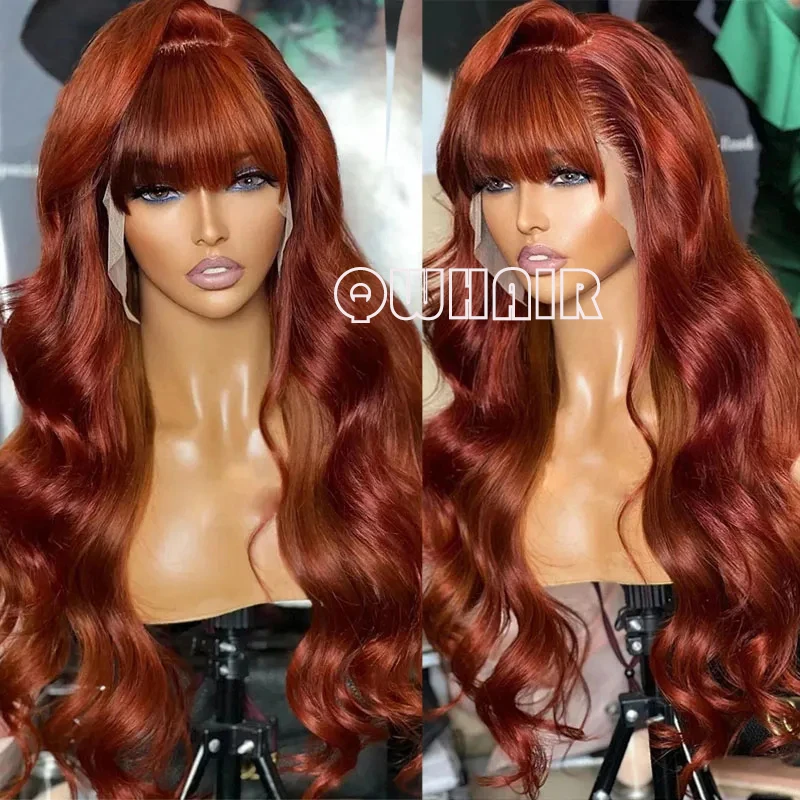 QW Synthetic Hair Bangs Fringe Body Wave Ginger Soft 13X4 Lace Front Wig For Women Hair Heat Resistant Fiber Cosplay  Daily