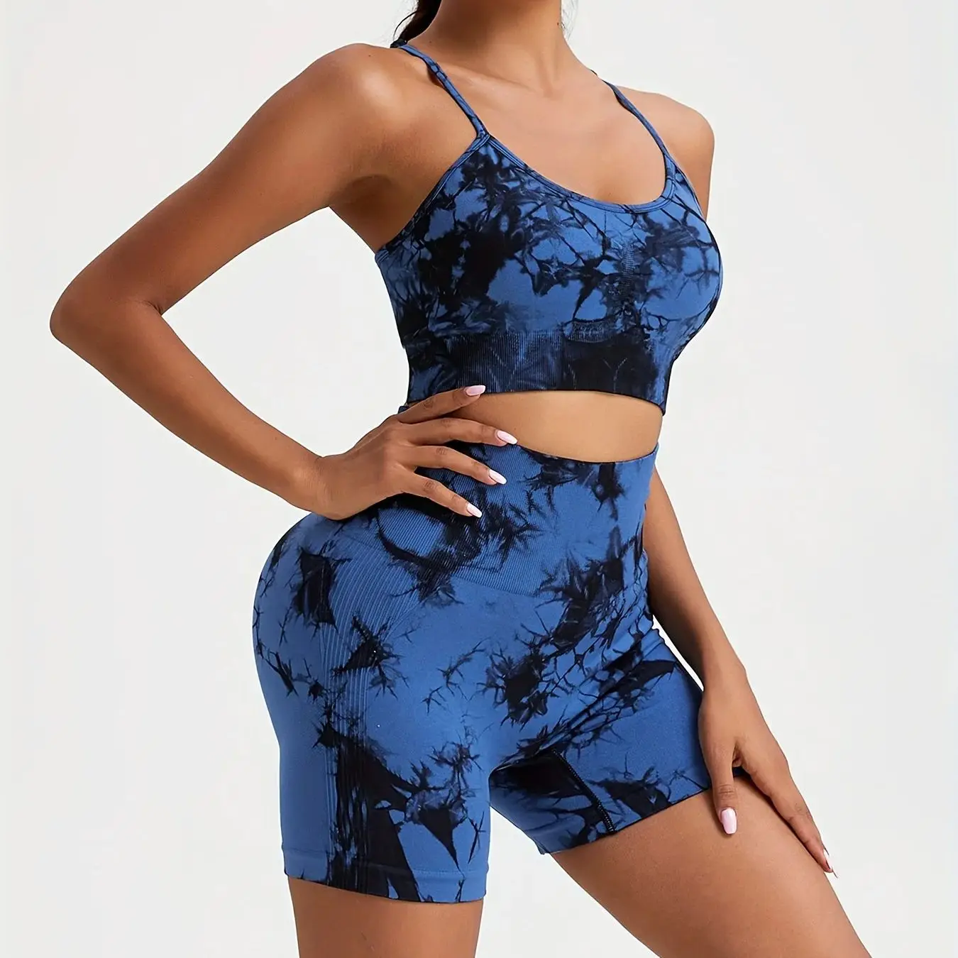 2 pçs \ conjunto tie-dye sem costura yoga shorts conjunto de fitness bicicleta shorts e sutiã superior para mulher ativo treino atlético ginásio outfit