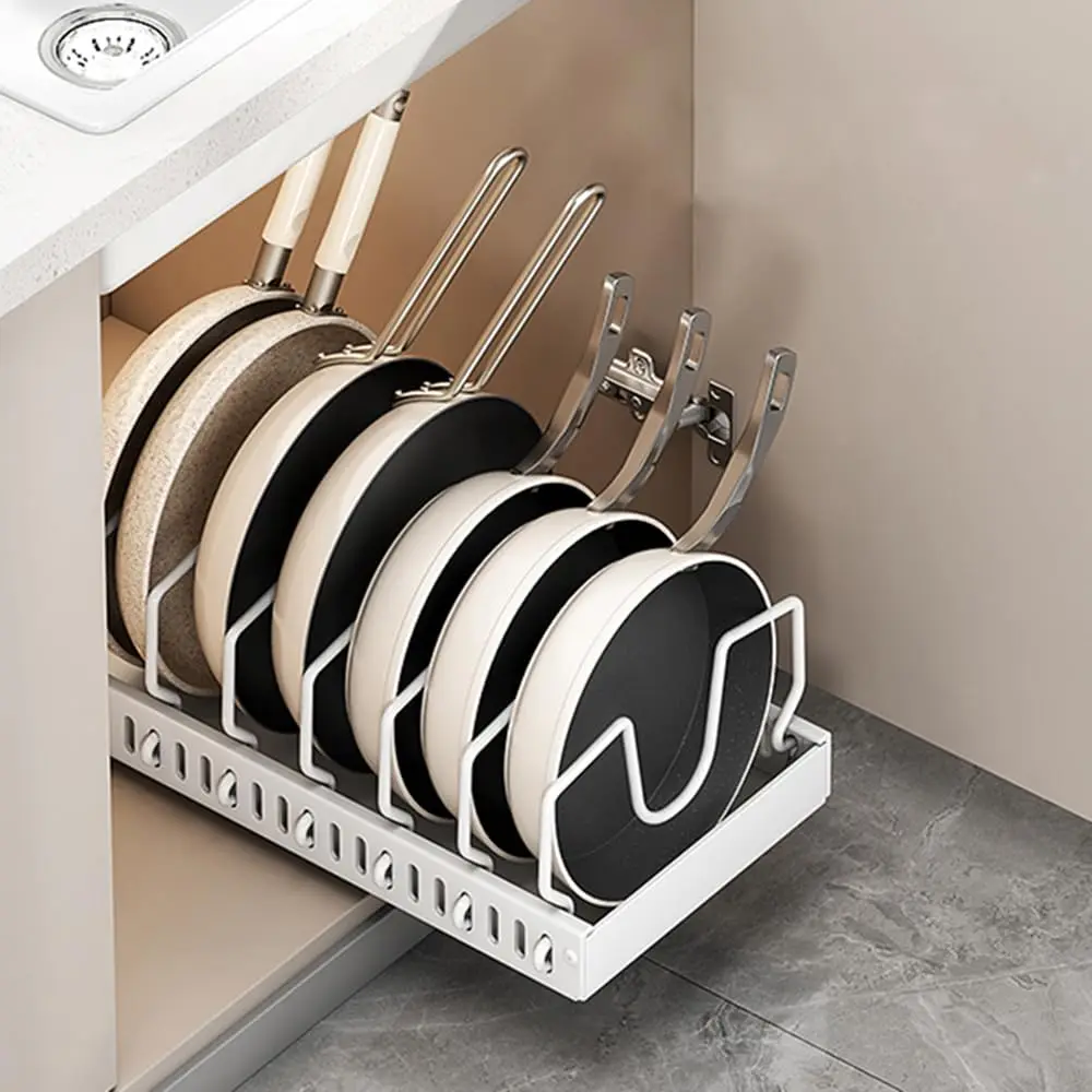 

Pots and Pans Organizer Under Cabinet Sliding Pot Lid Storage Holder Kitchen Adjustable Slide Out Dish Pan Storage Rack Shelf