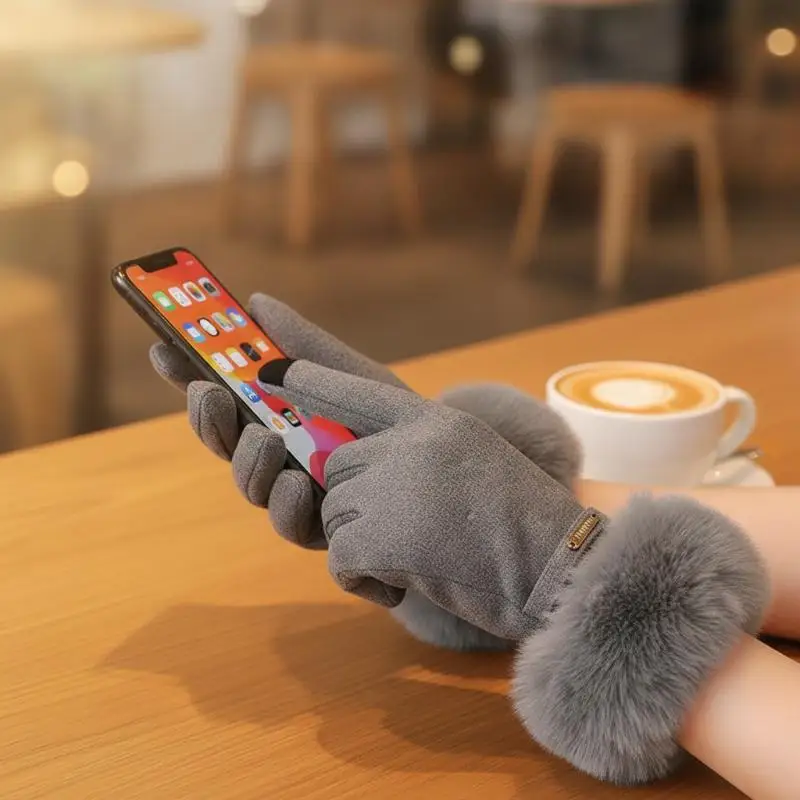 Neue, warme, dicke Plüschhandschuhe für Damen, ideal für den Winter und den Außenbereich, kältebeständig, mit Touchscreen-Funktion, Fünf-Finger-Handschuhe zum Reiten, 1 Paar. – Detail 5