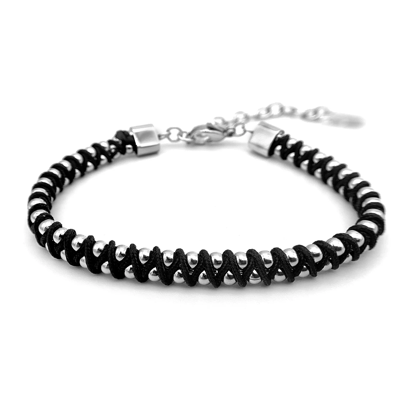 Runda Men’s Bracelet Stainless Steel Beads 3mm with Black Braided Rope Adjustable Size 22cm Handmade Fashion Bead Bracelet