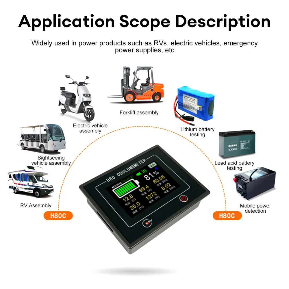 H80C Digital Hall Coulomb Counting Battery Monitor LCD Display Battery Meter Tester for Lead-acid Lithium Battery