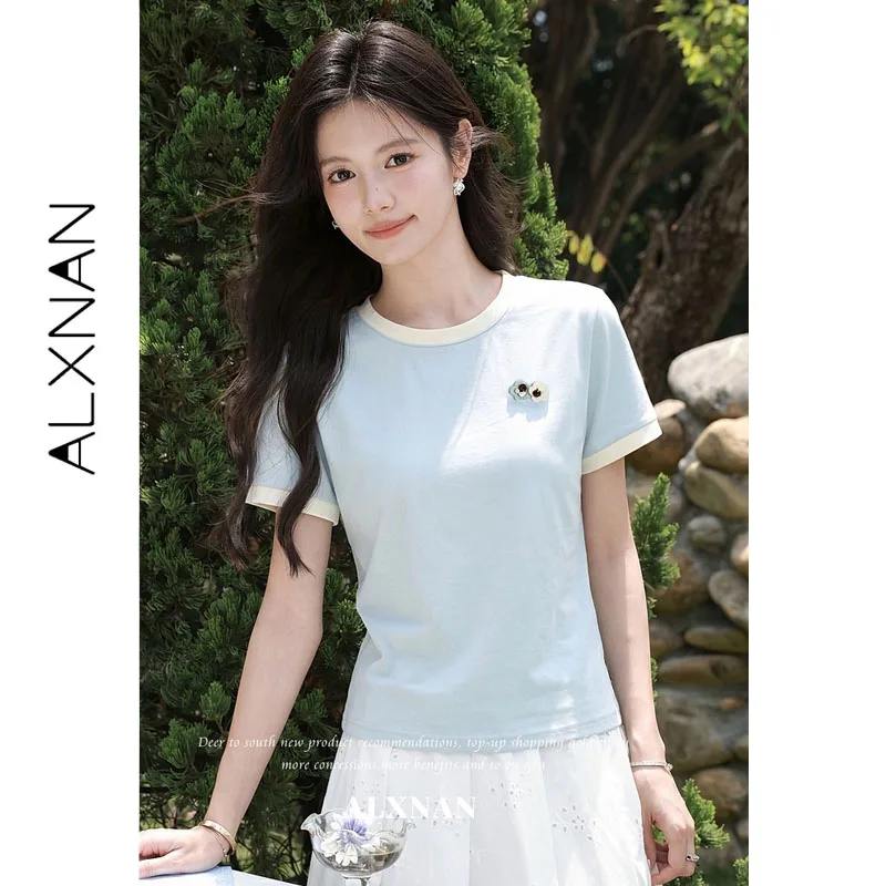 ALXNAN Blue Short-sleeve T-shirt Women Summer Loose-fit Dropped Shoulder Color Contrast 3D Floral Tees Casual Tops Female L66220
