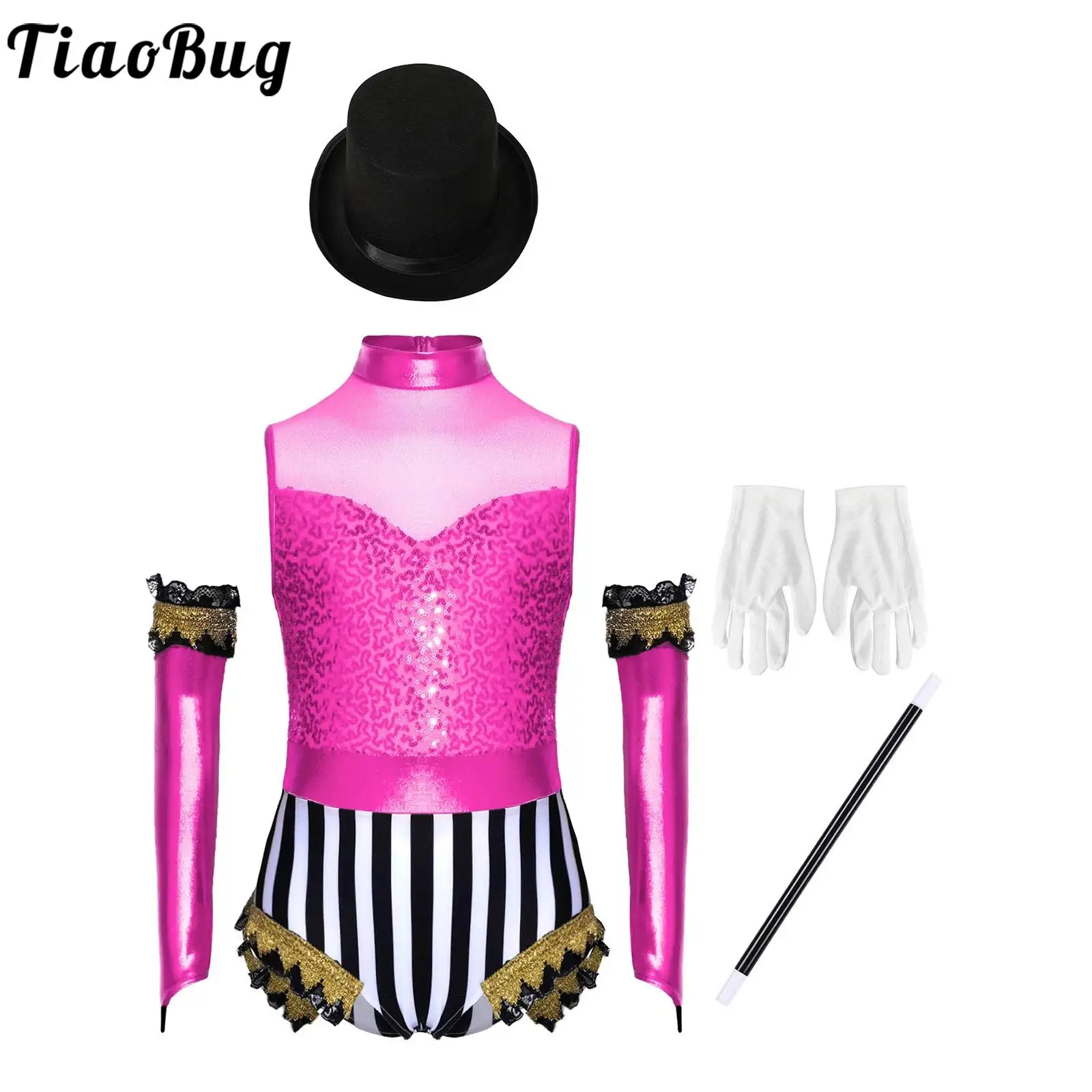 

Girls Magician Performance Costumes Halloween Circus Dancewear Sleeveless Jumpsuit And Matched Over-Sleeve Hat Magic Wand Gloves