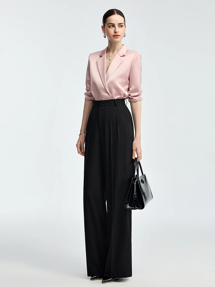 

Костюм Hansyu: Розовая атласная рубашка из ацетата и брюки с широкими штанинами. Новинка лета. Профессиональный деловой стиль. Облегающий крой. Для офиса.