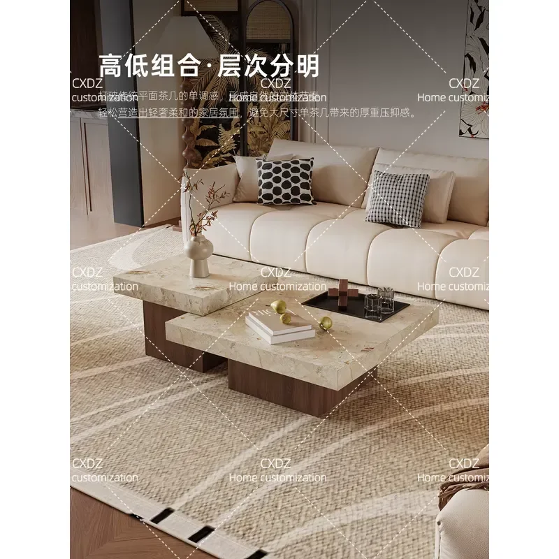 Retro Rock Slab Coffee Table High Low Square Design for Living Room Small Apartment Modern Home Furniture 2026 New Style