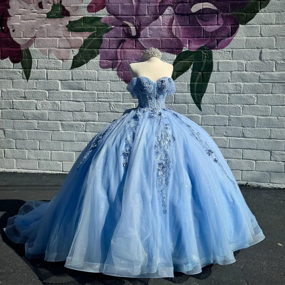 

Angelsbridep Sky Blue Ball Gown Sweet 16 Quinceanera Dress With Bow Shiny Applique Birthday Party Gown Vestidos De 15 Años