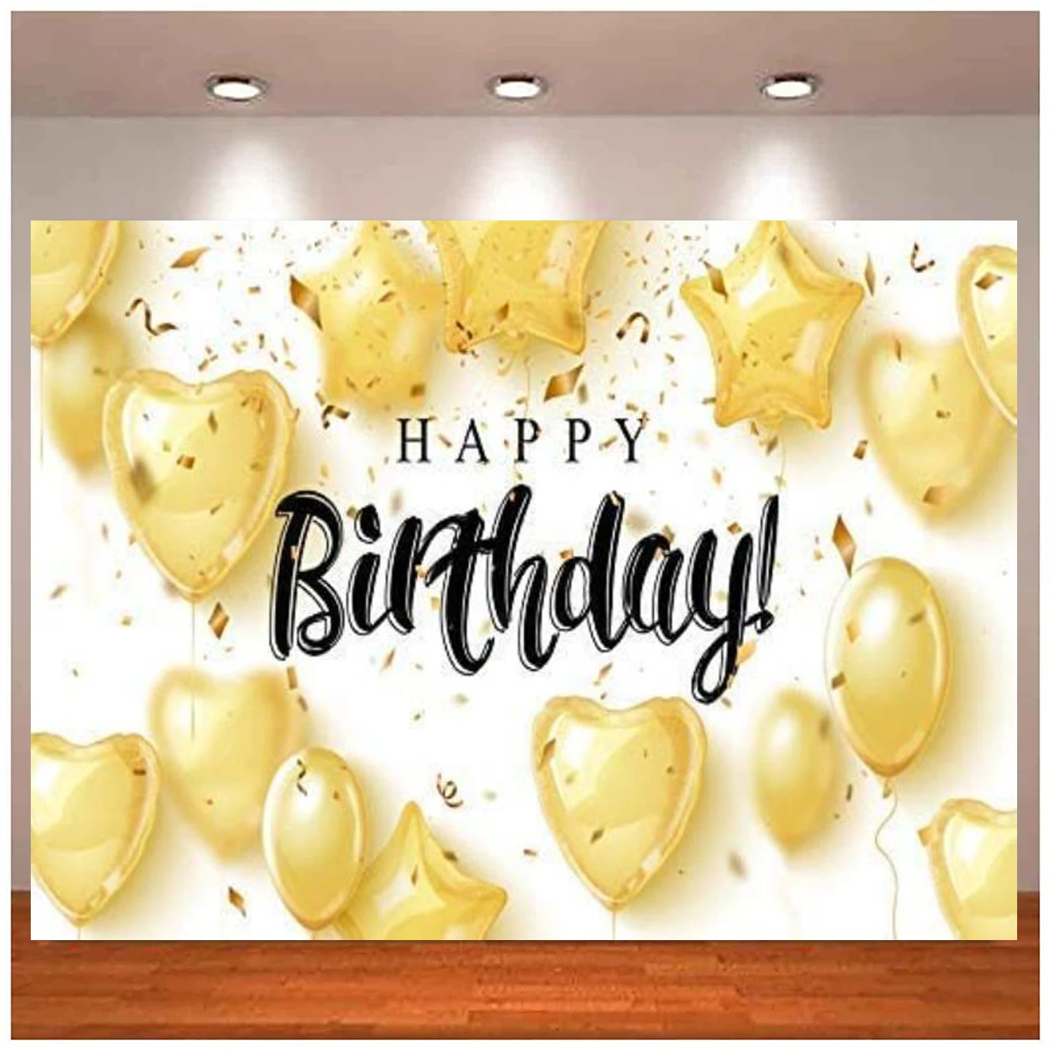 Happy Birthday Photography Backdrop Golden Balloon Golden Ribbon Celebration Party Background Children Baby Adults Portraits