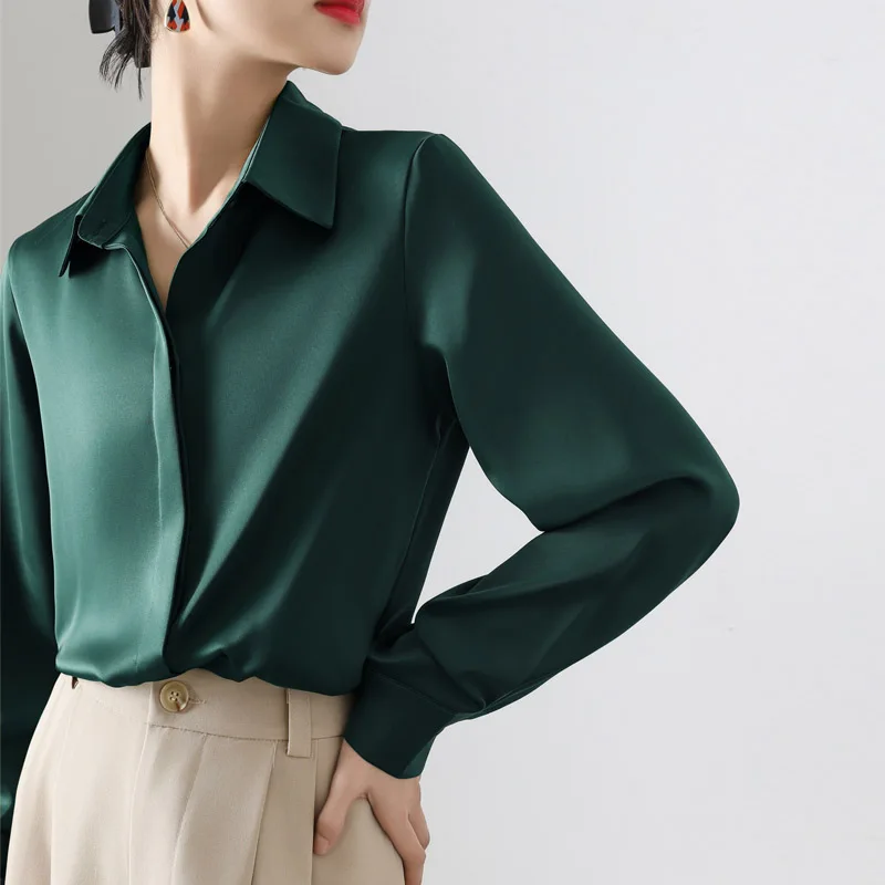 

Осенние винтажные зеленые атласные женские блузки, новинка 2025 года, однобортные однобортные офисные женские свободные рубашки с длинными рукавами, топы, женские весенние