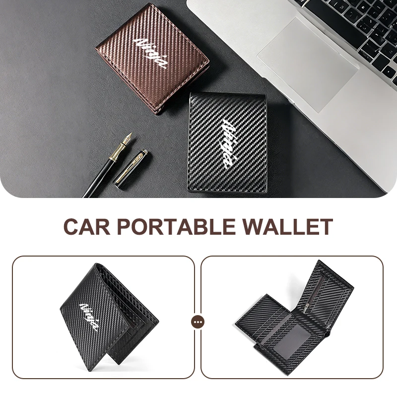 Nova carteira durável de fibra de carbono em couro pu, carteira masculina com armazenamento para vários cartões, carteira portátil dobrável, acessórios automotivos para Kawasaki Ninja