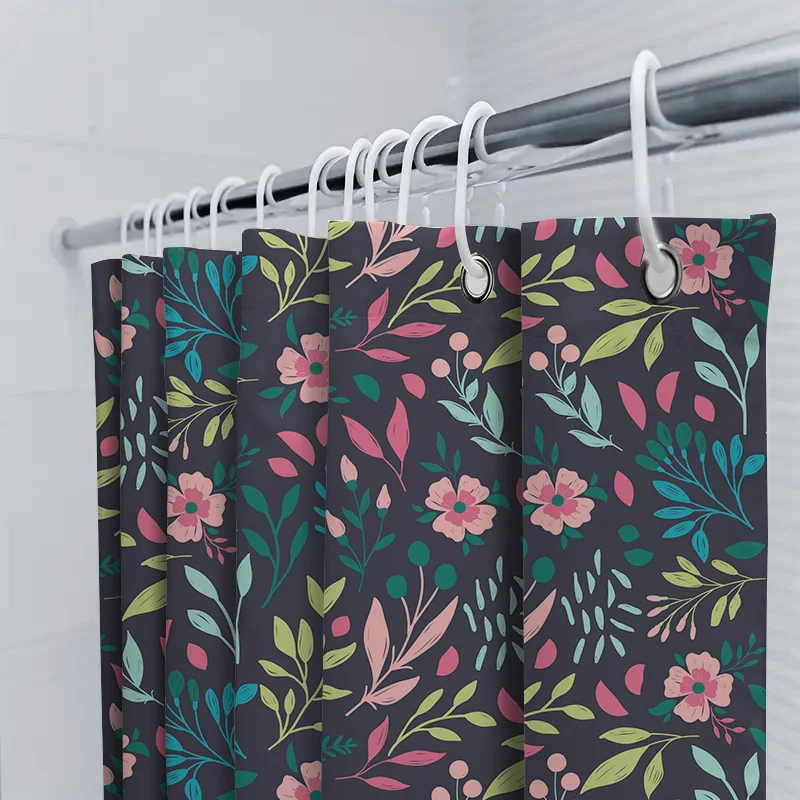 مجموعة ستائر الدش الزهرية متعددة الألوان لديكور حمام الزهور للديكور المنزلي لون أزرق داكن مع طباعة زهور وردية على القماش 72 #5