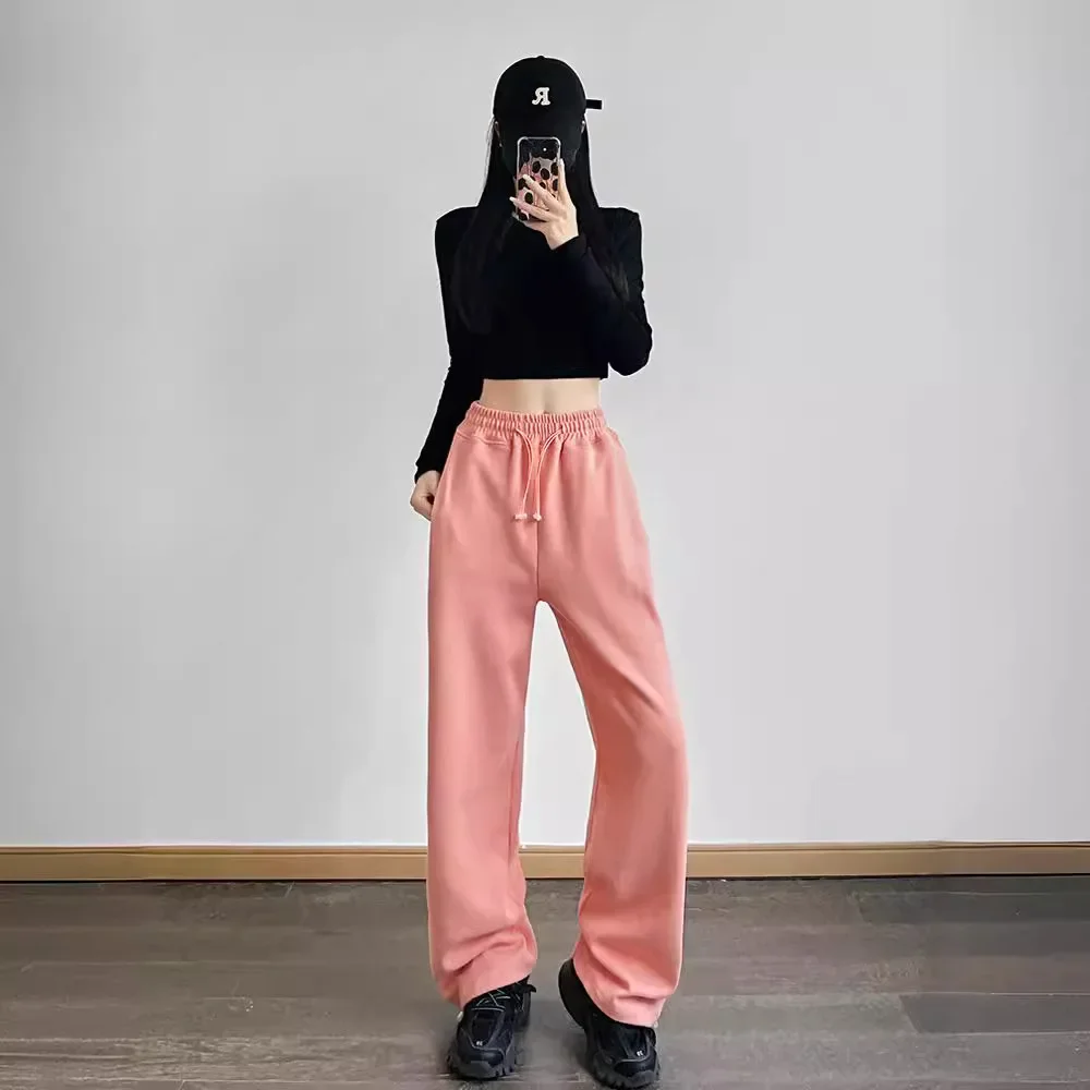 Pink Sweet Spicy Sweatpants Women's Spring Autumn Style American Street Fashion Loose Fit Straight Leg Casual Ankle Pants