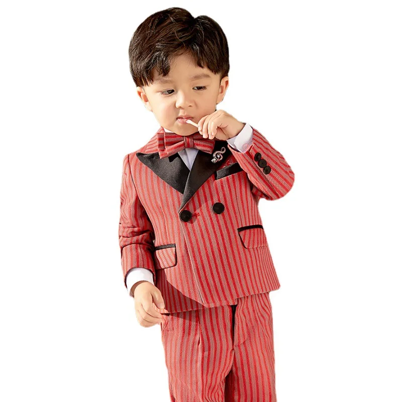 Children Red Stripe 5Pieces/Set Red Jacket Vest Pants Bowtie Brooch Birthday Dress Boys Pinao Photograph Suit Kids Wedding Wear