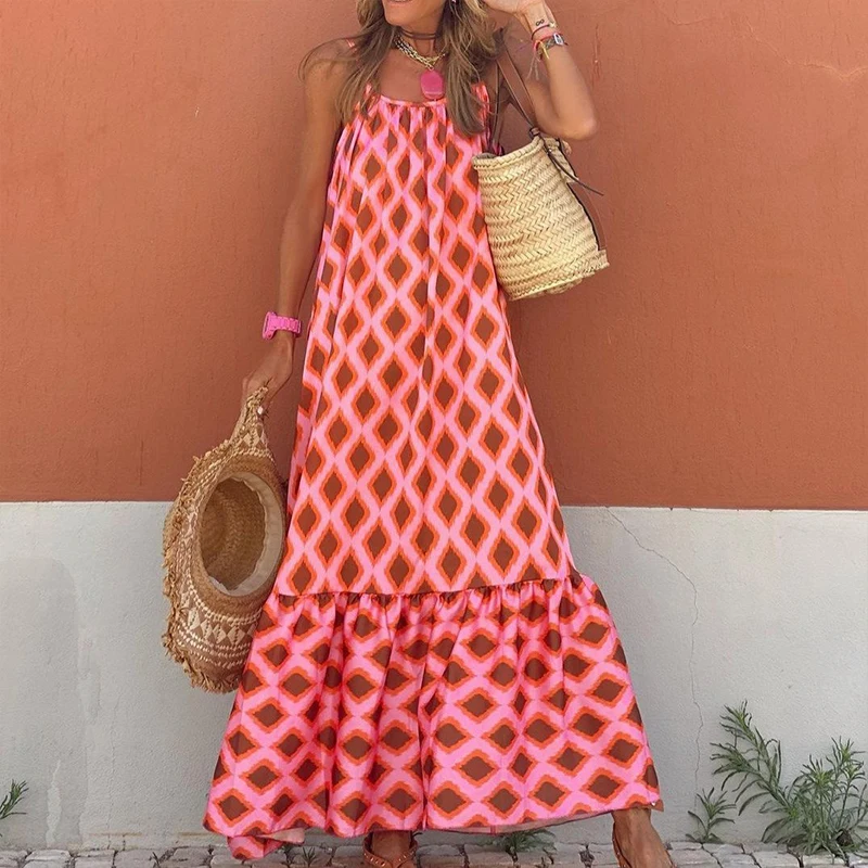 

Bohemia Women Summer Dress Diamond Checkered Printed Dress Vestidos Femme Plaid Long Dress Sexy Off Shoulder Backless Long Dress