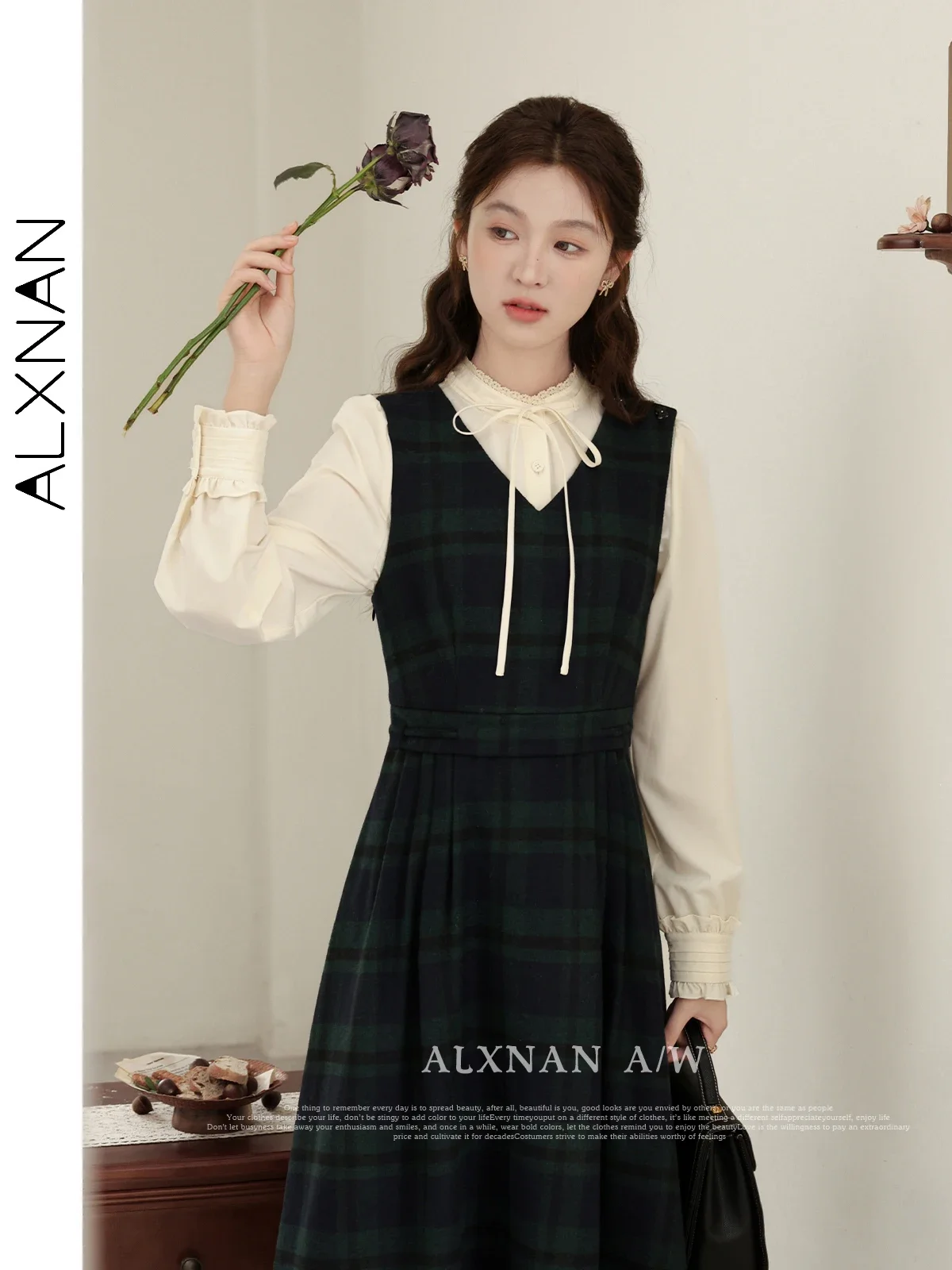 ALXNAN-Robe trapèze à carreaux verts français pour femme, robes mi-longues en fibre, col en V, précieux, vendu séparément, automne, hiver, LXN32315, 2024