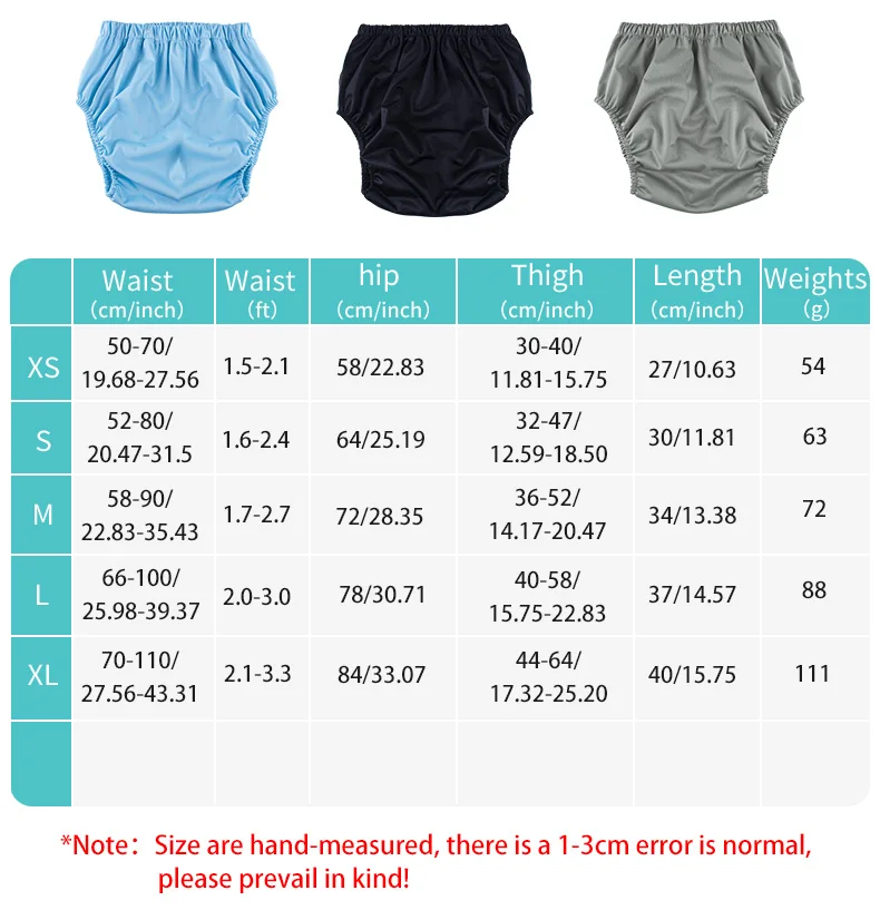3pcs Solid Color Waterproof iaper for Adults Washable Reusable Diaper Care Pants Leak-proof Pants Waterproof Eldly Diaper Cover
