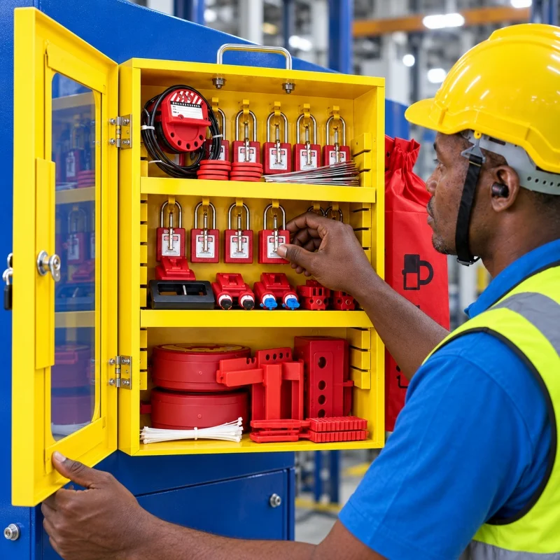 BOZZYS Professional LOTO Safety Station Kit - Wall-Mounted Secure Storage Cabinet for Factories, Industrial Maintenance & Energy Isolation with Padlock Set, Breaker Blocks, Valve Devices & Tags, Locker, Maintenance Rooms