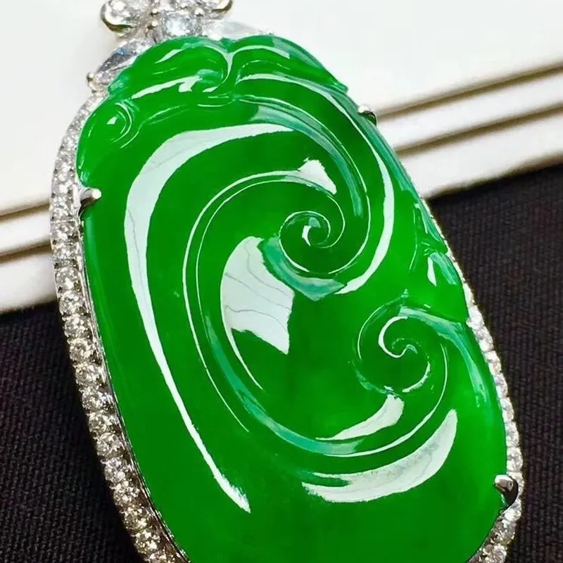 Emerald with diamond inlay, Burmese ice jadeite, full-color sunny green Ruyi pendant