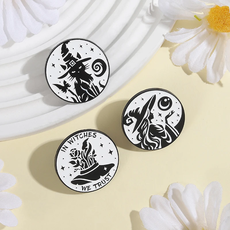 In Witches We Trust Brooch Enamel Pins Punk Goth Witch Black Cat Moon Brooches Clothes Lapel Badge Halloween Jewelry Gift Friend