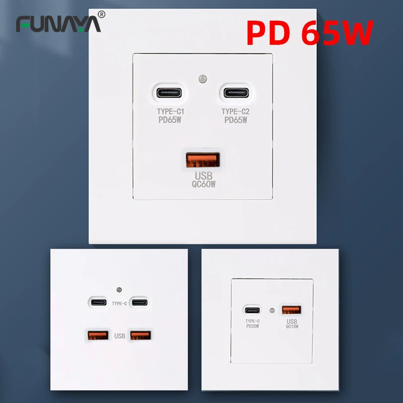 

PD65W USB Wall Socket 2USB Type C 86mm 5V 3A Fast Charge AC100~240V Smart Power Hidden Electrical Electric White QC60W Sockets