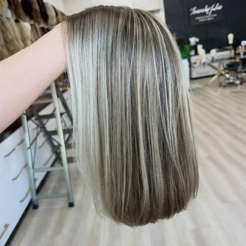 

Парик для вечеринок, омбре, пепельно-коричневый с блондинистыми прядями, синтетический, с HD-кружевной передней частью, предварительно проработанная линия роста волос, короткий прямой боб