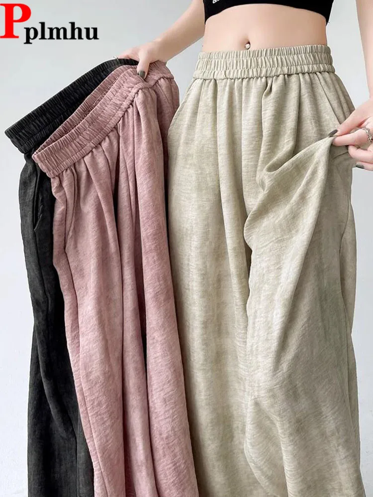 

tie-dye cotton linen baggy wide leg pants women casual elastic high waist straight pantalones summer thin ice slik sweatpants