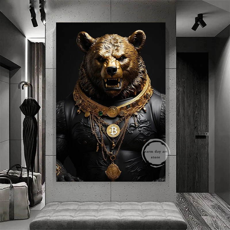 Bitcoin Bull and Bear Gold Canvas Painting Bull Market Motivation Poster Print Picture Home Decoration for Living Room Deco