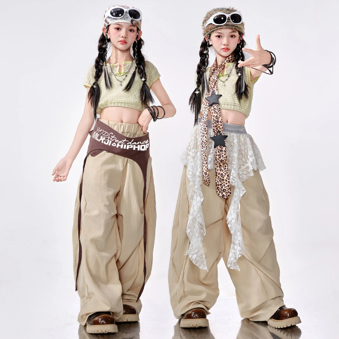 女の子ヒップホップ服クロップメッシュカーゴジョガーパンツキッズK-POPルーズパンツストリートダンス服セット子供ガールズグループコスチューム