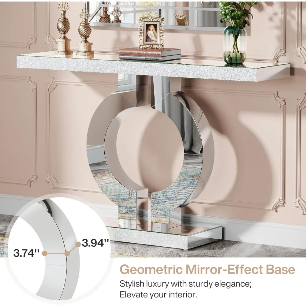 43" Modern Mirrored Console Table – Glass Sofa Entryway Table with O-Shaped Base | for Living Room & Hallway Use