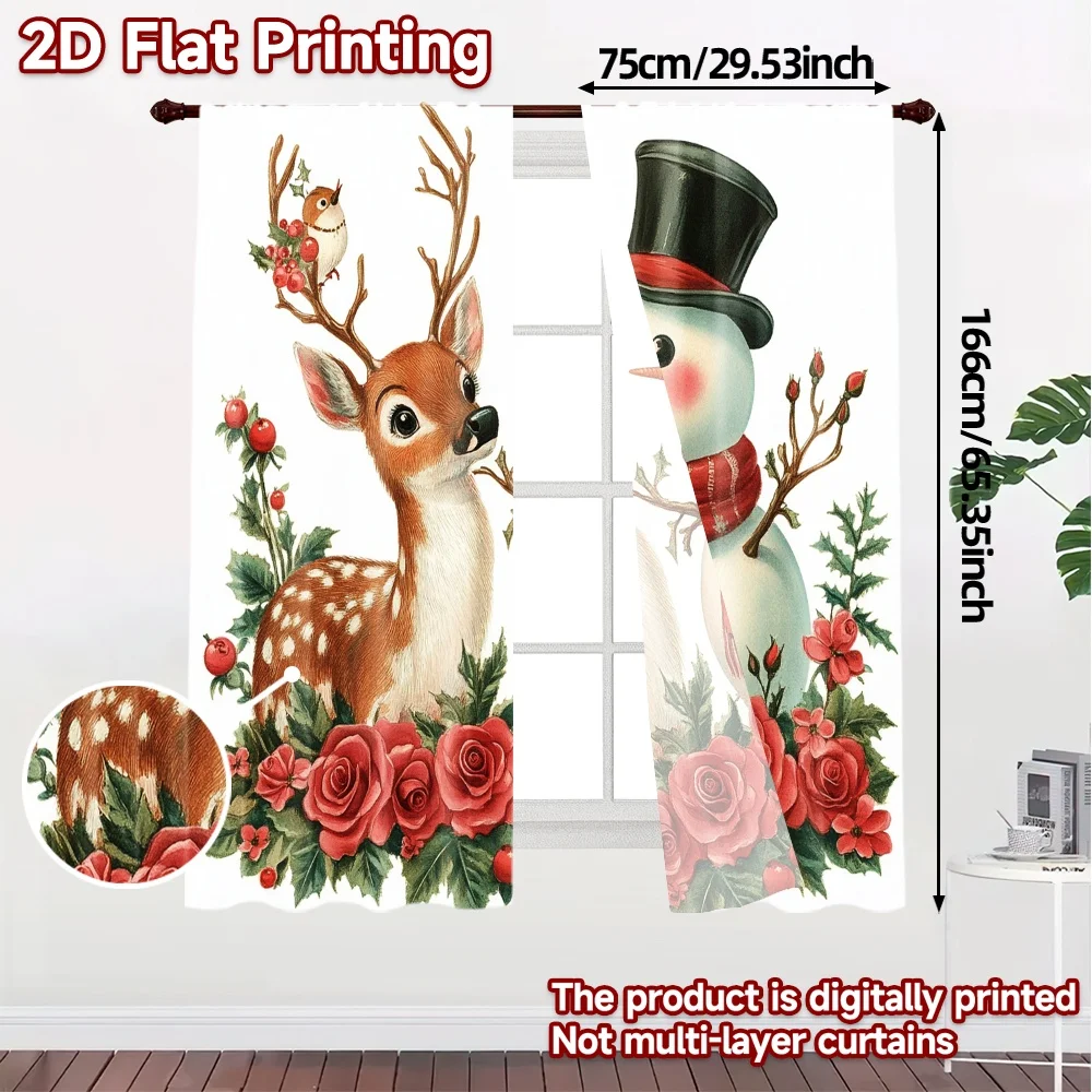 2pcs,Curtains Cute Snowman Deer Roses (3) Light Filtering Chic Curtains Versatile Polyester Fabric Curtains Thermal Insulation,