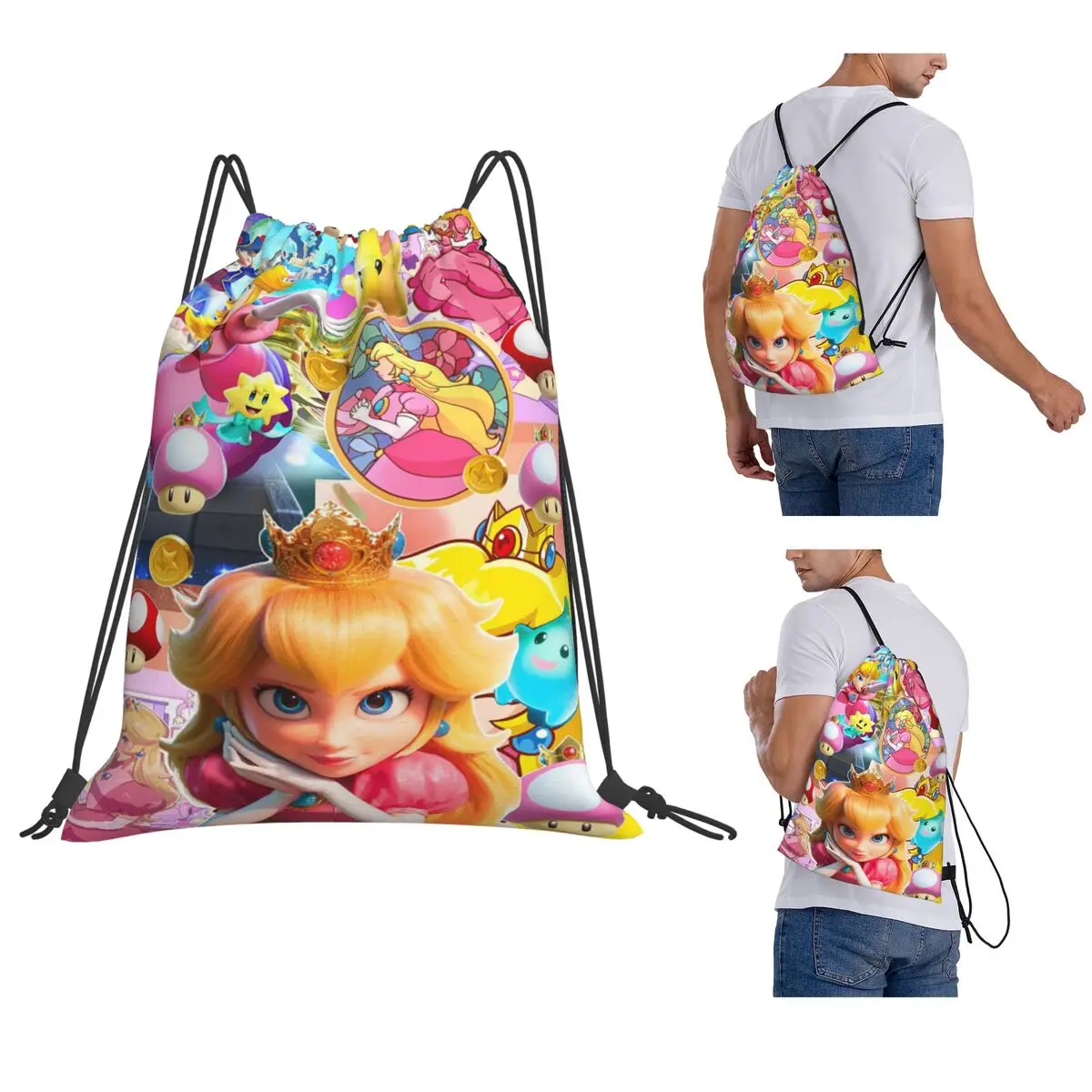 Girls Peach Princess Print Backpacks Casual Drawstring Bags Storage Bag Book Bags for Travel Students