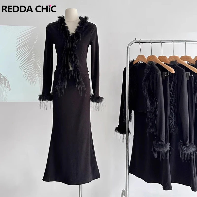 

REDDACHiC Faux Fur Trim Cardigan Crop Top High Waist Fishtail Long Skirt Ribbed Knitwear 90s Retro Y2k Korean Women 2-piece Set