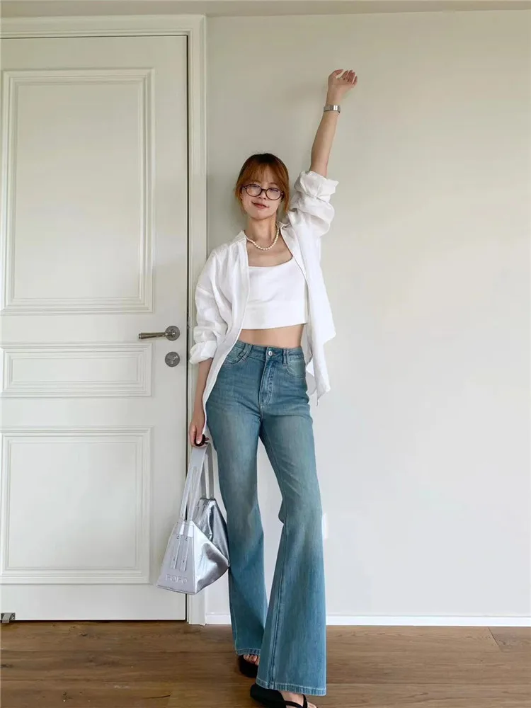 

High Waist Flared Jeans Women's Slim Fit Elastic Spring Autumn Long Floor Length Pants Greenish Blue High Waist Jeans