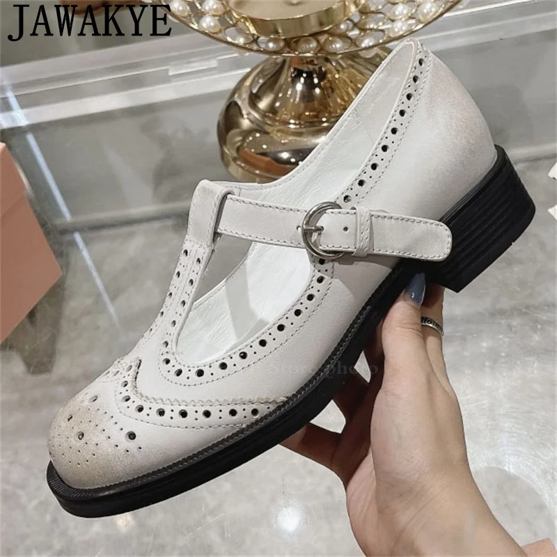 Real Leather Hollow Mary Jane Flat Shoes Women T-strap Buckle Breathable loafers Shoes Summer Casual Drive Walk Flat Shoes Woman