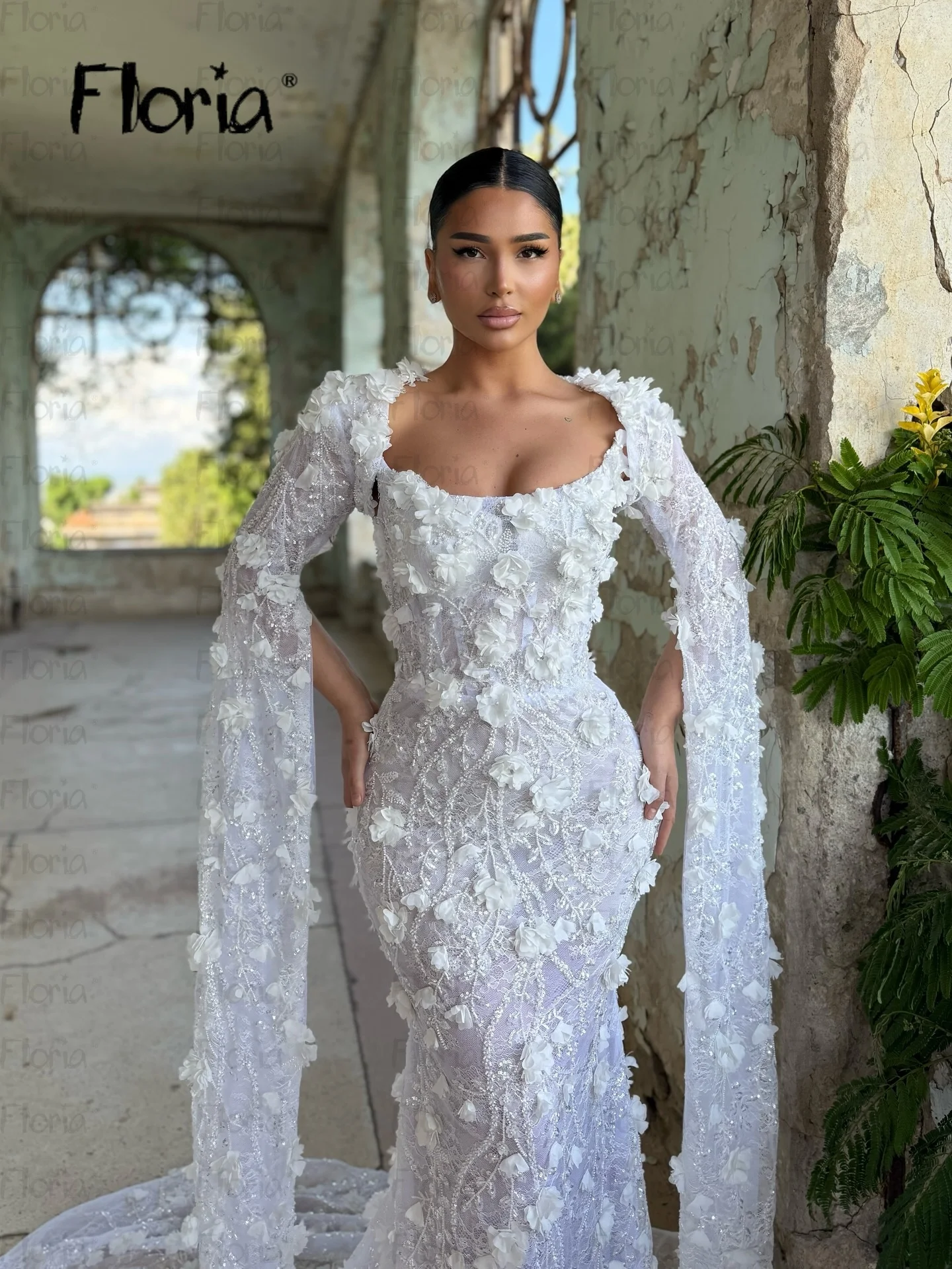 

Белое кружево с цветочным узором, торжественное длинное вечернее платье с длинным рукавом-накидкой, свадебные платья русалки в Дубае, 2025 г., элегантный квадратный вырез по индивидуальному заказу