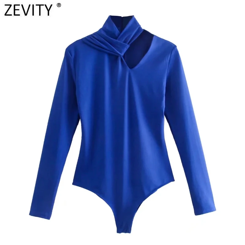 Zevity Women Sexy Candy Colors Hollow Out Design Knotted Bodysuits Office Ladies Casual Slim Siamese Chic Zipper Romper LS97981